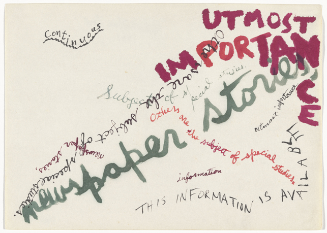 Jackson Mac Low. Drawing-Asymmetry #5. 1961. Ink and colored ink on paper, 8 9/16 x 11 7/8″ (21.7 x 30.2 cm). The Museum of Modern Art, New York. The Gilbert and Lila Silverman Fluxus Collection Gift, 2008. © 2014 The Estate of Jackson Mac Low