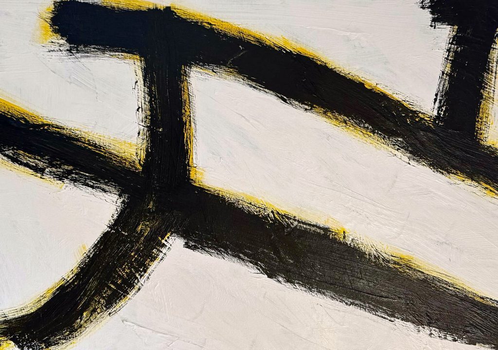 Detail of abstract expressionist painting by Allan Revich. 24 inches x 48 inches. Painted 2024, acrylic on canvas.